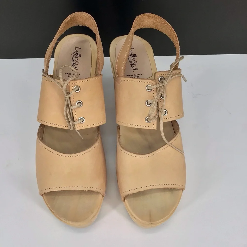 Loeffler Randall Beige Leather Open Toe Block Heel Clog Sandals Size 39 US 8.5